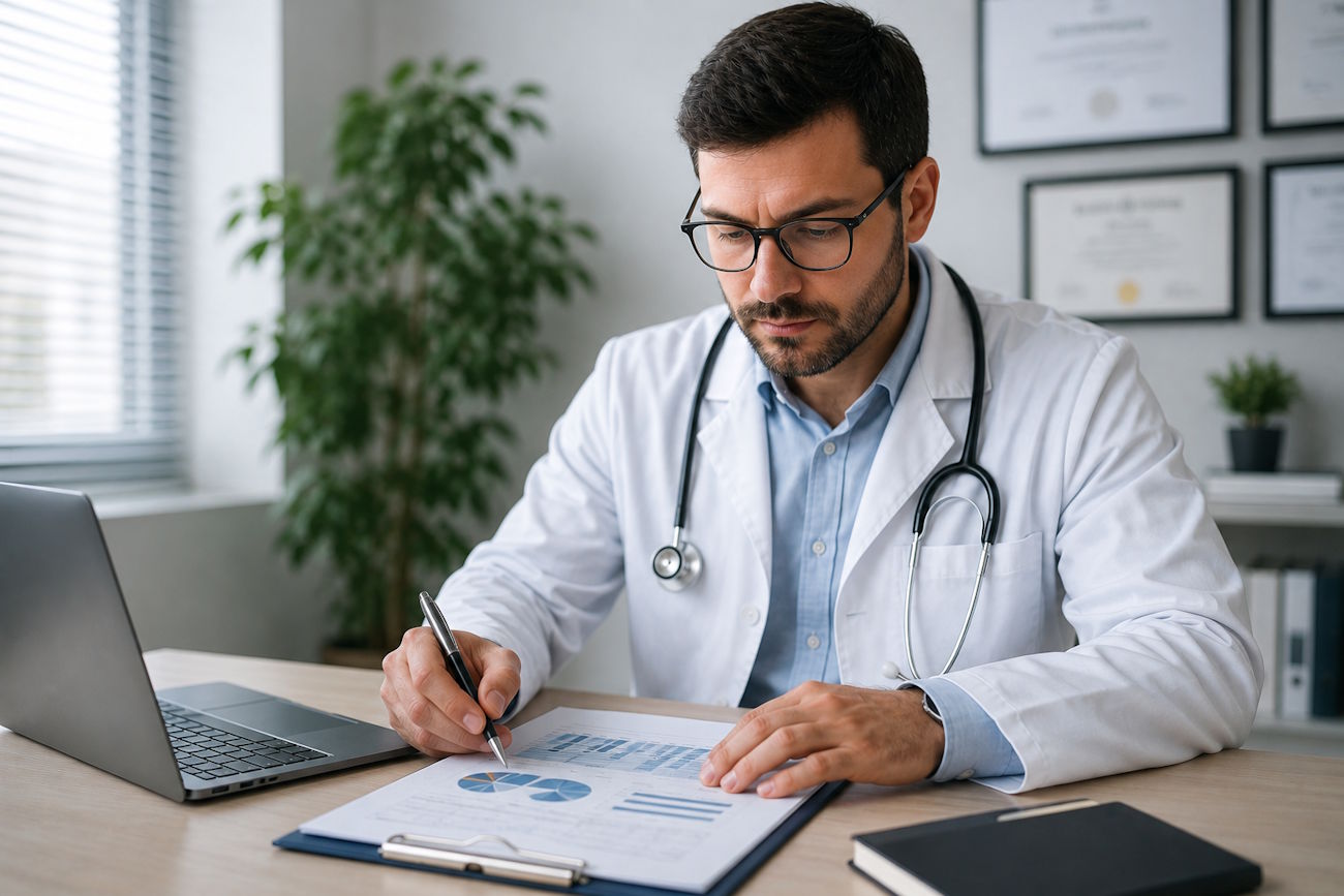 Imagem mostra médico analisando gráficos na sua mesa, tentando entender se clínica médica no Lucro Presumido paga menos imposto do que no Simples Nacional