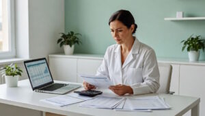 Imagem mostra mulher com jaleco em consultório sentada à sua mesa, com calculadora, analisando gráficos no notebook, para simular as mudanças da reforma tributária para nutricionistas