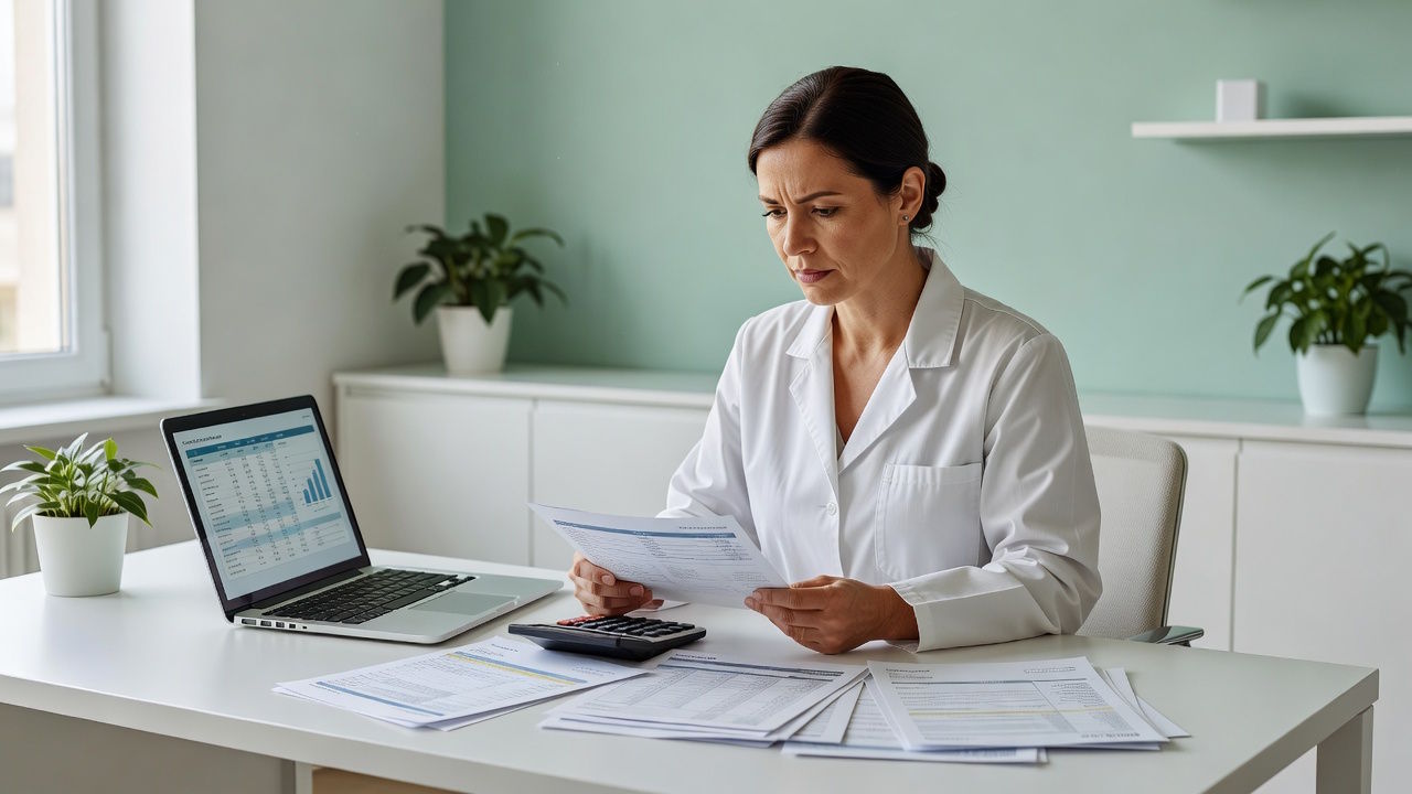 Imagem mostra mulher com jaleco em consultório sentada à sua mesa, com calculadora, analisando gráficos no notebook, para simular as mudanças da reforma tributária para nutricionistas